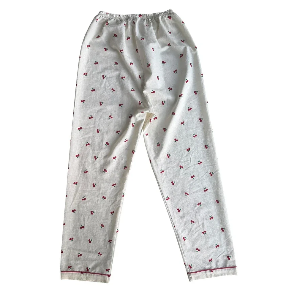 Women M Cream Red Cherry Print Pajama Set Short Sleeve Button Down Top and Pants